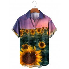Men's Casual Lapel Sunflower Printed Short Sleeve Shirt 50136012M