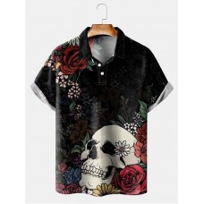 Men's Skull Floral Short Sleeve Polo Shirt