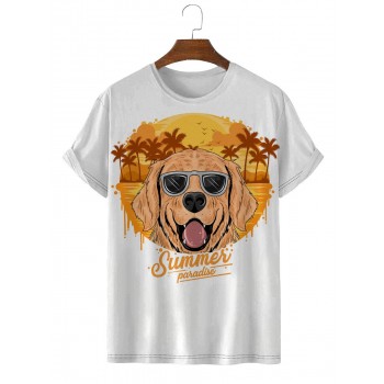 Summer Golden Dog Coconut Tree Island Casual Short Sleeve T-Shirt